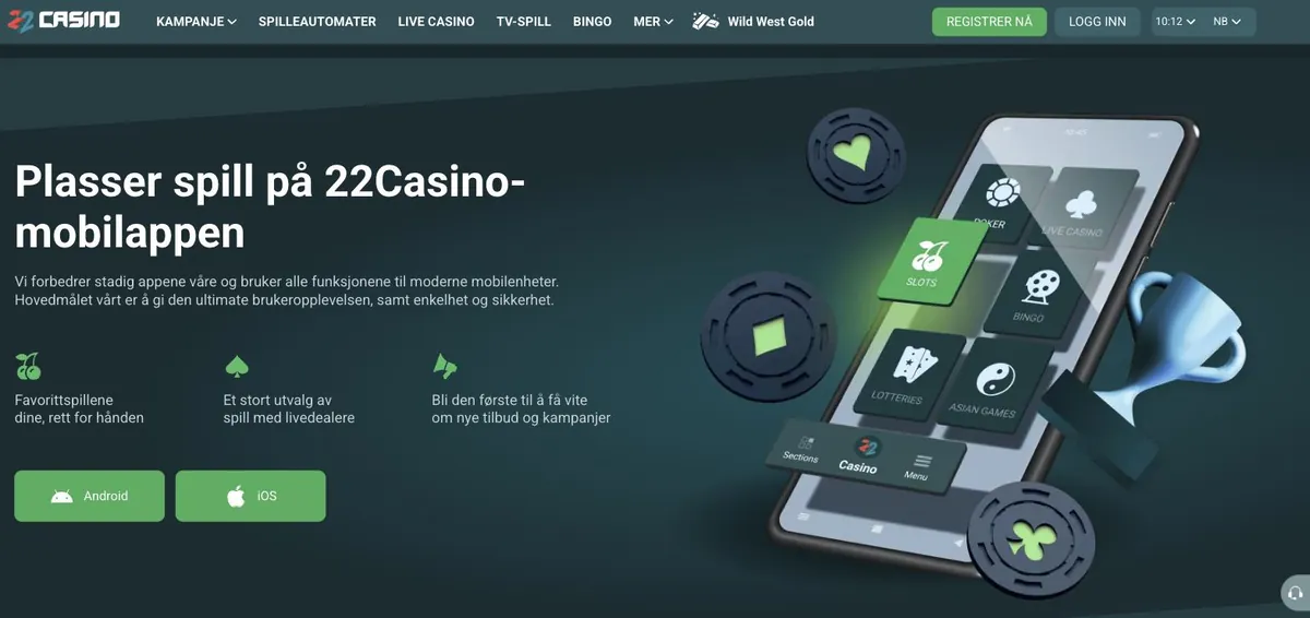 22Casino app - siden for mobilappen med knapper for Android og iOS