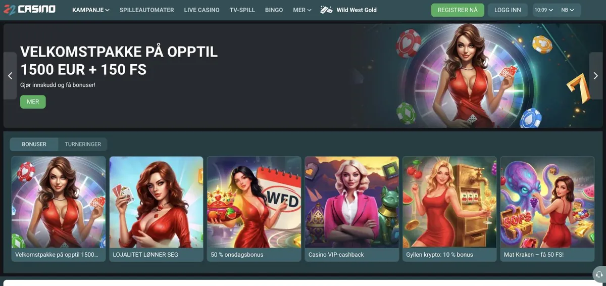 22Casino bonus - kampanjesiden på norsk med velkomstpakke opptil 1 500 euro + 150 FS