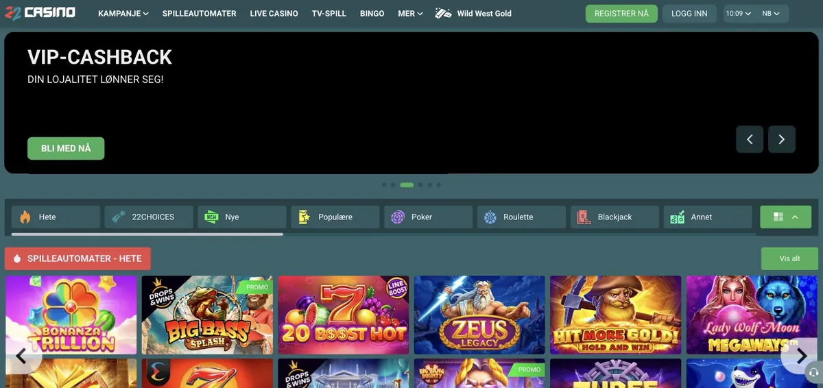 22Casino anmeldelse - den norske forsiden med kampanjer og spilleautomater