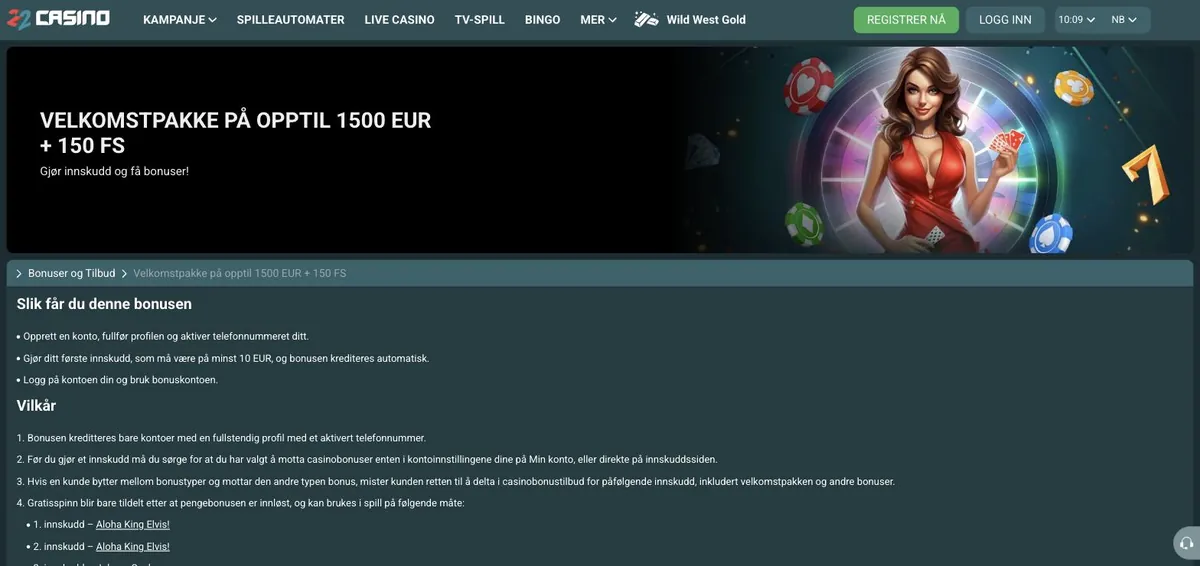 22Casino bonus - vilkårene for velkomstpakken på norsk, med minste innskudd 10 euro