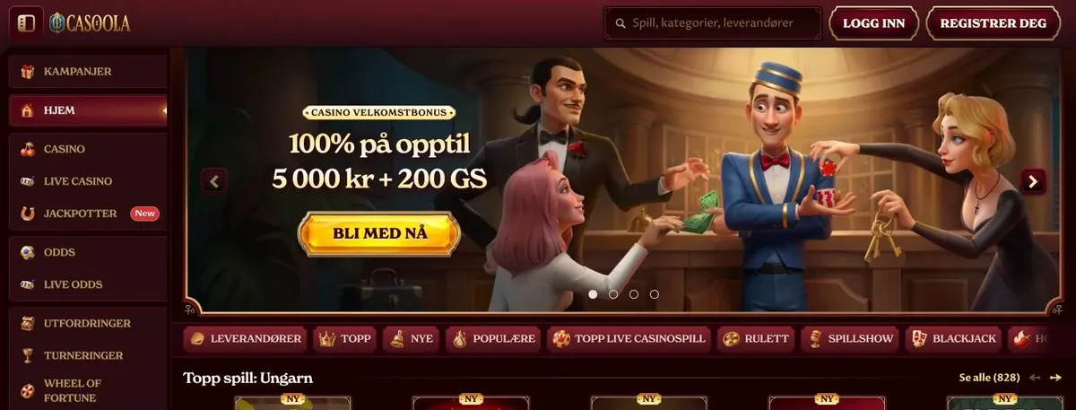 Casoola anmeldelse - forsiden på norsk med velkomstbonusen