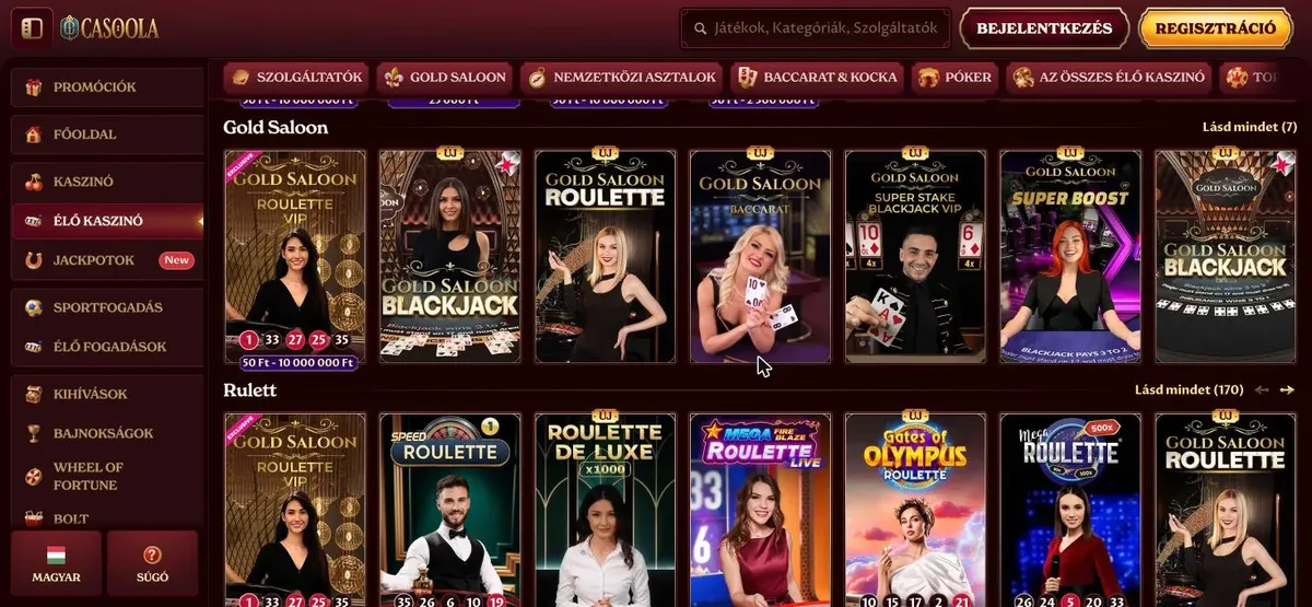 Casoola live casino - Gold Saloon og rulettbord i lobbyen