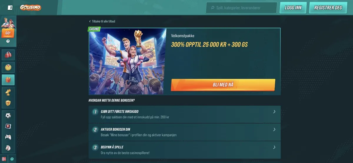 Golisimo bonus - velkomstpakken 300 % opptil 25 000 kr + 300 gratisspinn på kampanjesiden