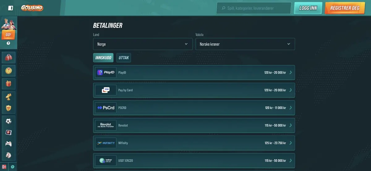 Golisimo uttak - betalingssiden med metoder og grenser for Norge