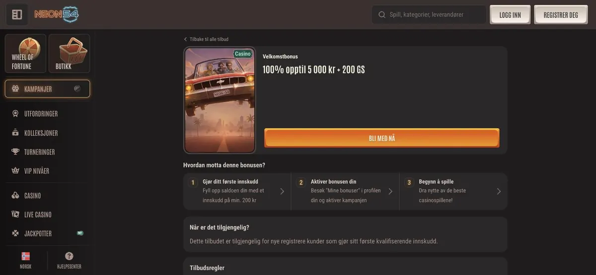 Neon54 bonus - velkomstbonus 100 % opptil 5 000 kr + 200 gratisspinn på kampanjesiden