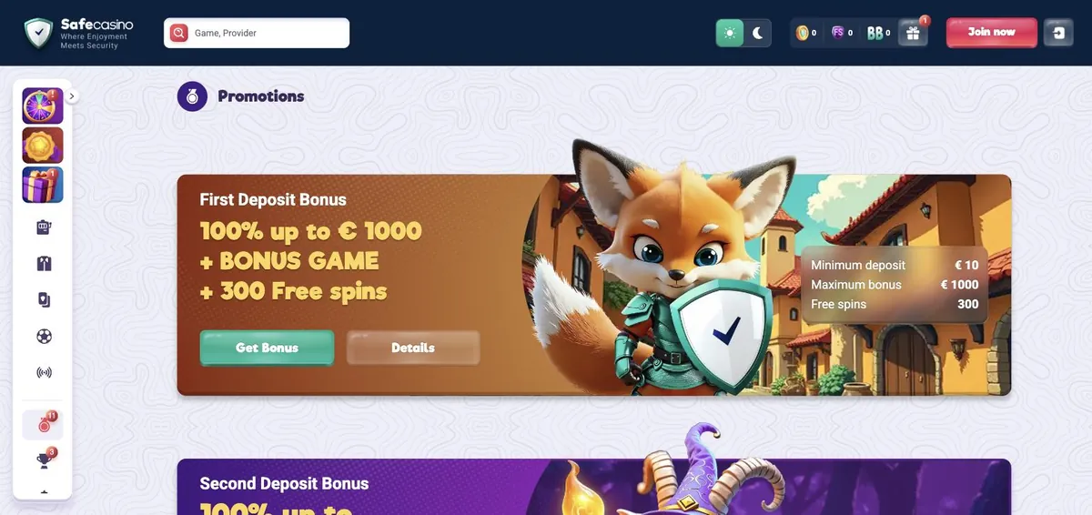 Safe Casino bonus - kampanjesiden med First Deposit Bonus 100 % opptil 1 000 euro + 300 gratisspinn