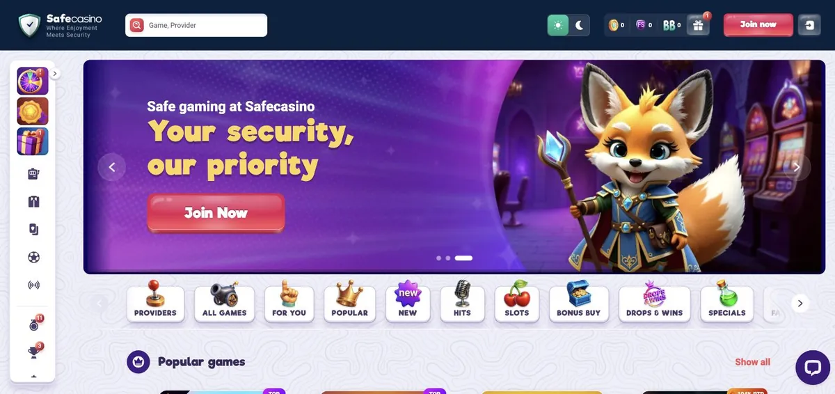 Safe Casino anmeldelse - forsiden med velkomstpakke, kategorier og populære spill