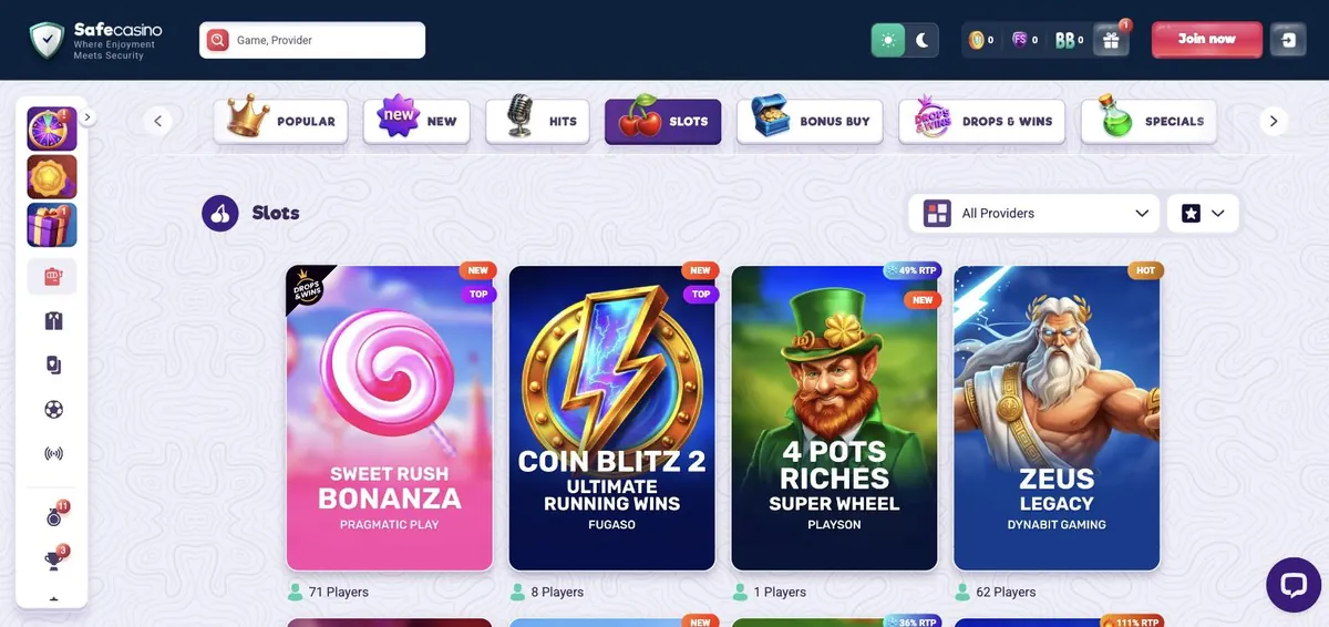 Safe Casino anmeldelse - spillobbyen med spilleautomater og filter for leverandør