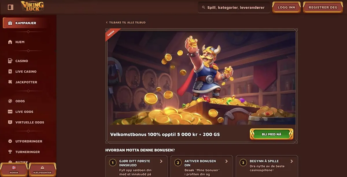 VikingLuck anmeldelse - velkomstbonus 100 % opptil 5 000 kr + 200 gratisspinn på kampanjesiden