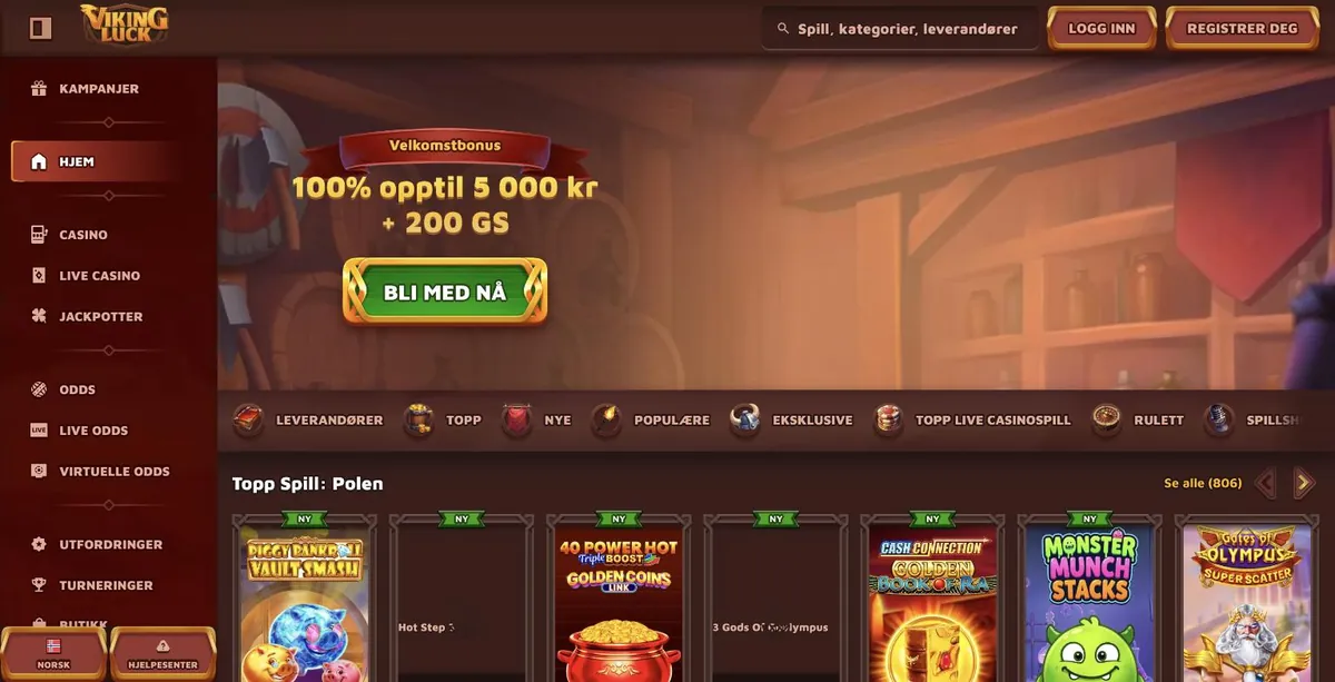 VikingLuck anmeldelse - den norske forsiden med Logg inn / Registrer deg og spillkategorier