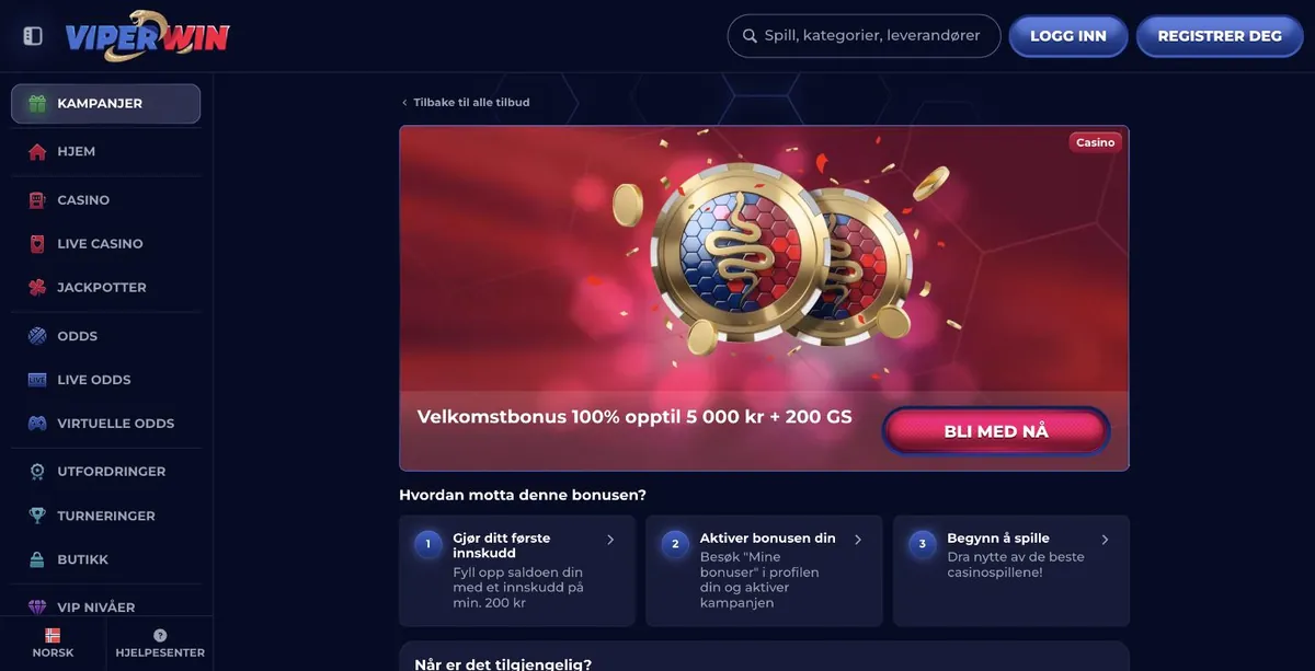 ViperWin bonus - norsk kampanjeside med velkomstbonus og stegene for å aktivere den