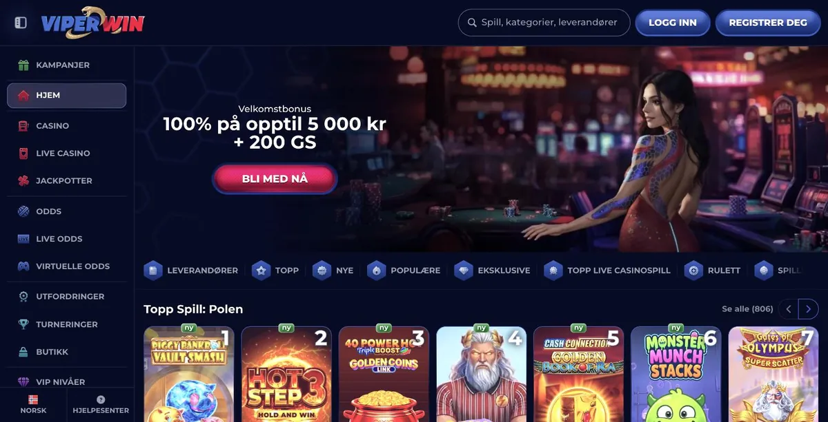 ViperWin logg inn - norsk forside med velkomstbonus, toppspill og språkvalg Norsk