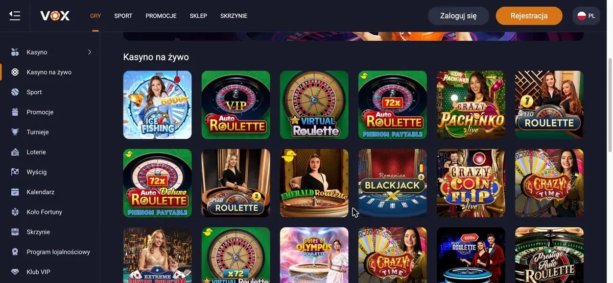 VOX Casino live casino - lobbyen med Crazy Time og ruletter