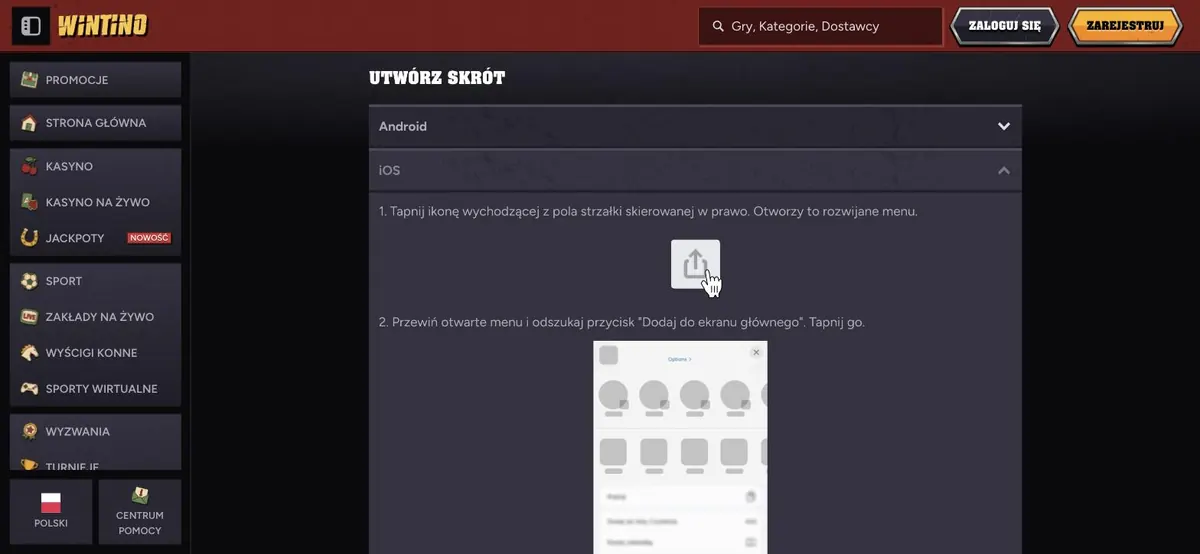 Wintino app - mobilversjonen med lobby og meny