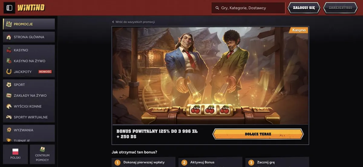 Wintino bonus - kampanjesiden med velkomstbonusen 125 % og 250 gratisspinn